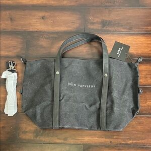 John Varvatos Gray Duffel Bag Thick Canvas Long Strap Weekender Gym NWT